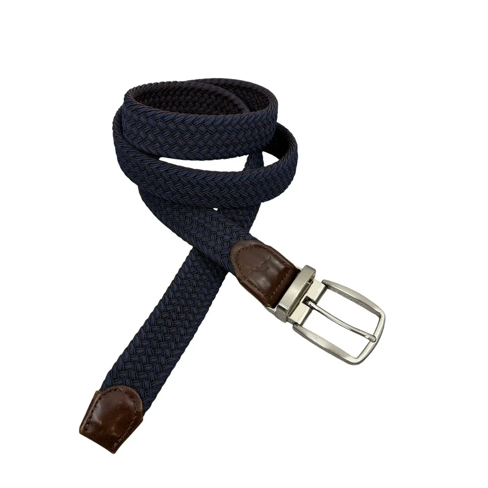 Tommy Bahama Belt Mens L/XL Blue Braided Woven Elastic Leather Trim Casual